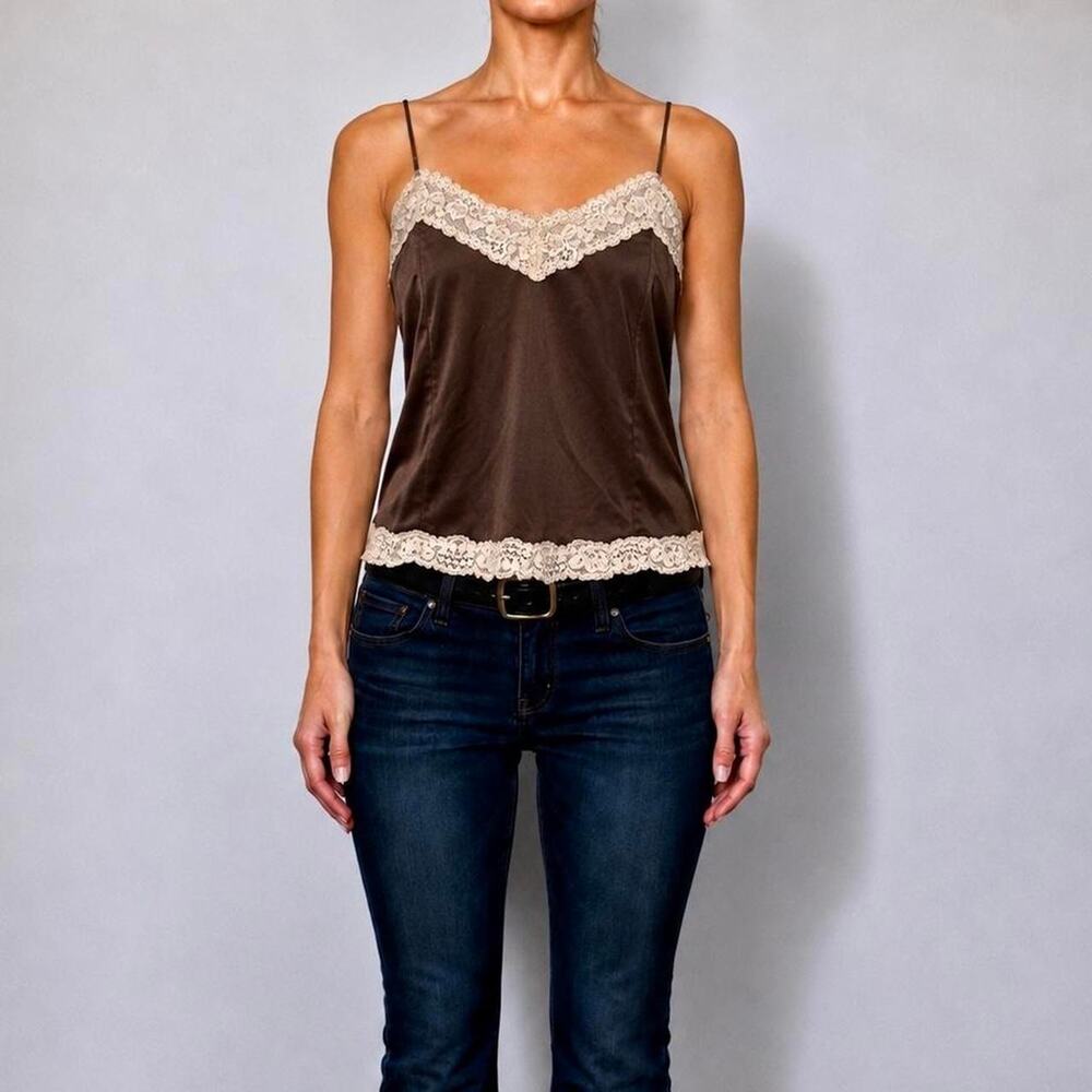 Vintage Italian Y2K Chocolate Brown Satin Lace Trim Cami Size M